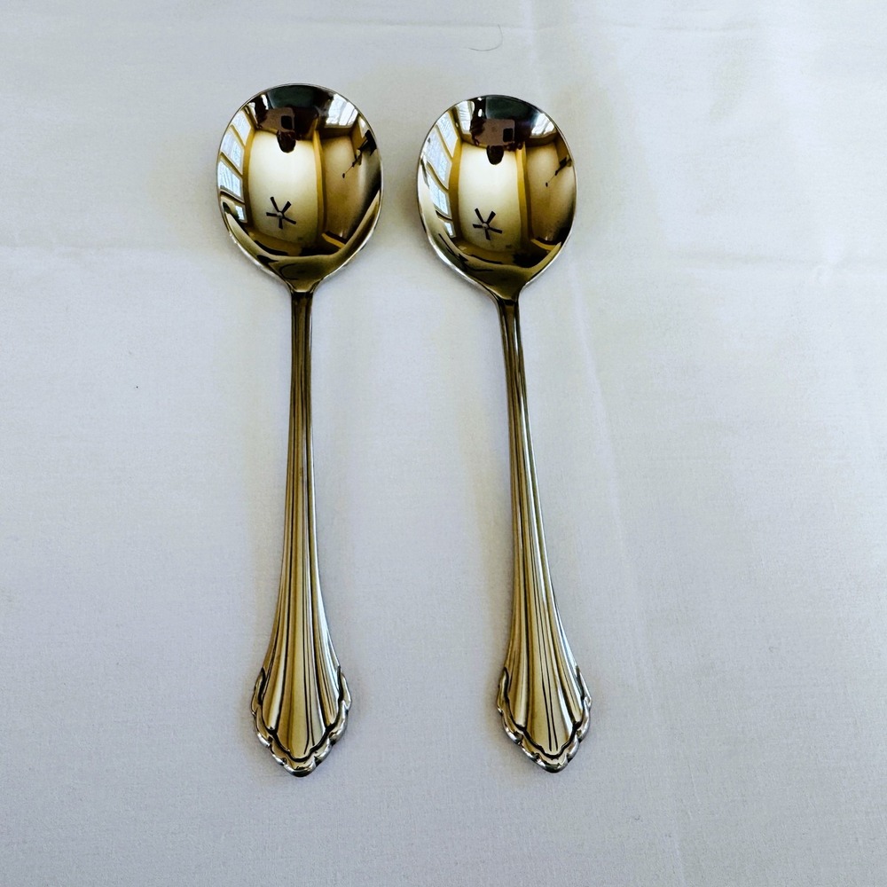 Vtg Oneida Community CLARETTE Stainless Steel Set 2 Cream Soup Spoons Round Bowl